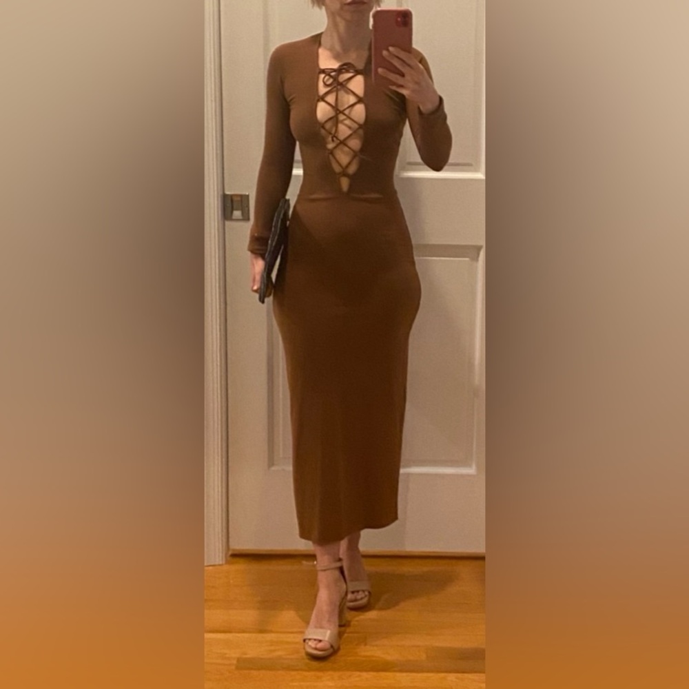 Reformation Edison ribbed midi long sleeve dress